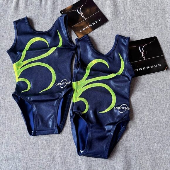 2 Pcs Obersee Girl's Gymnastics Leotards, Navy/Green Strands, Child XXS - Picture 1 of 11